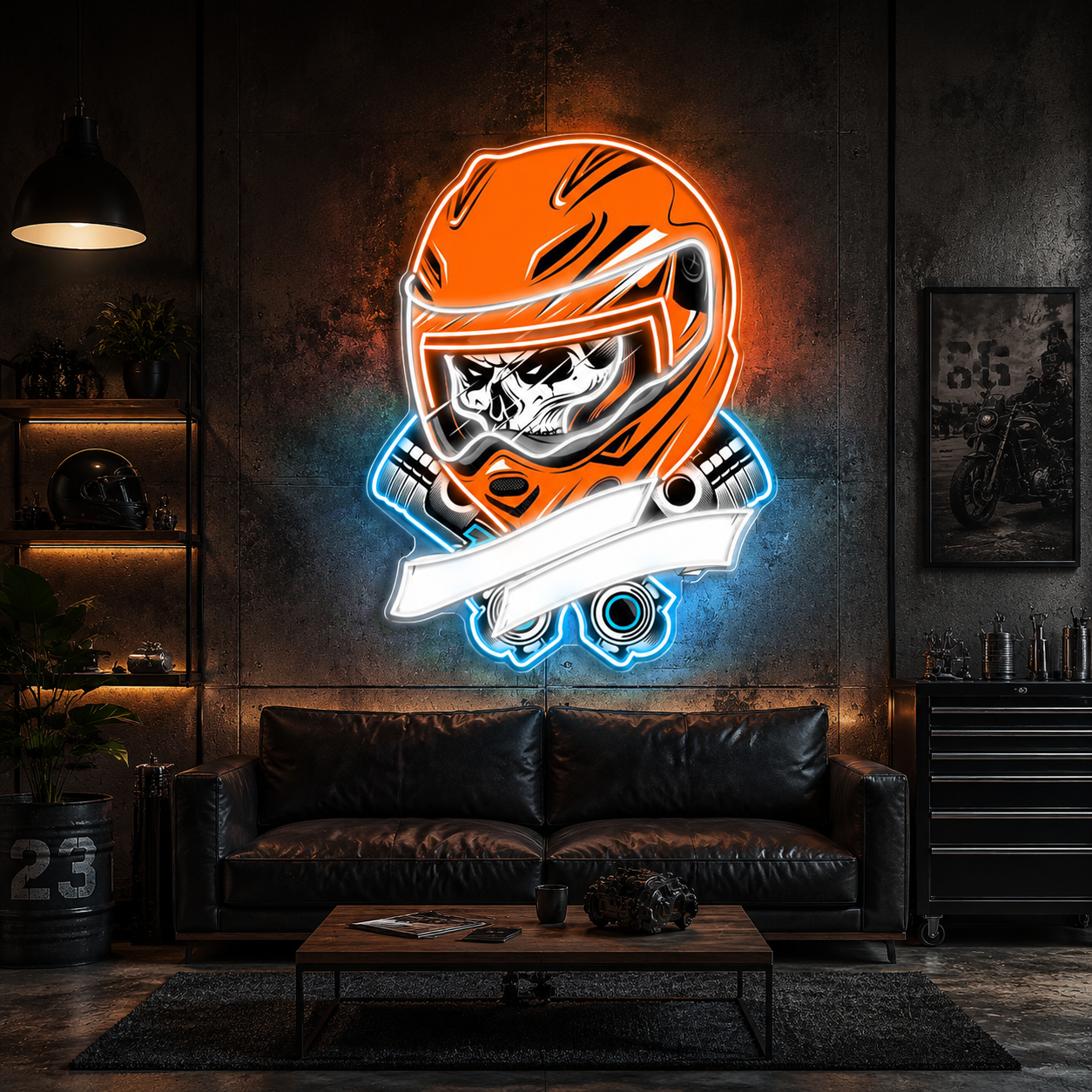 Gearhead’s Graveyard: Skull & Repair Neon Sign Light Artwork