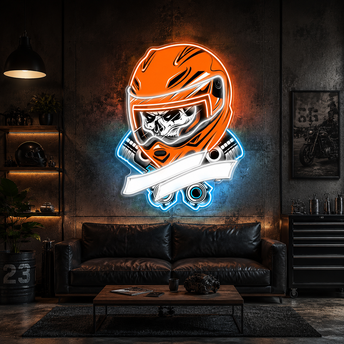 Gearhead’s Graveyard: Skull & Repair Neon Sign Light Artwork