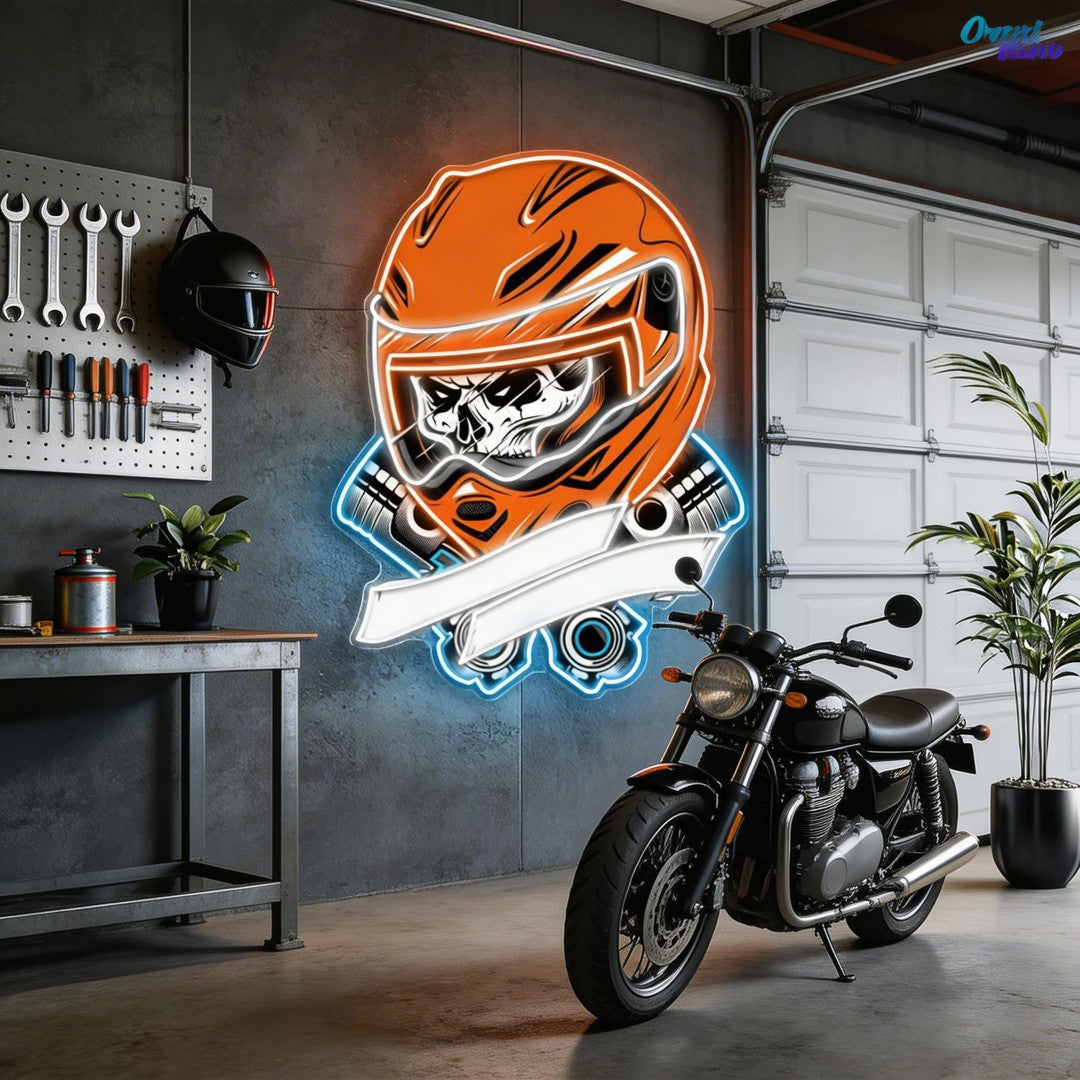 Gearhead’s Graveyard: Skull & Repair Neon Sign Light Artwork