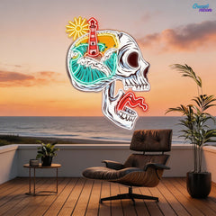 Beacon of the Damned: Skull & Lighthouse Neon Sign Light Artwork