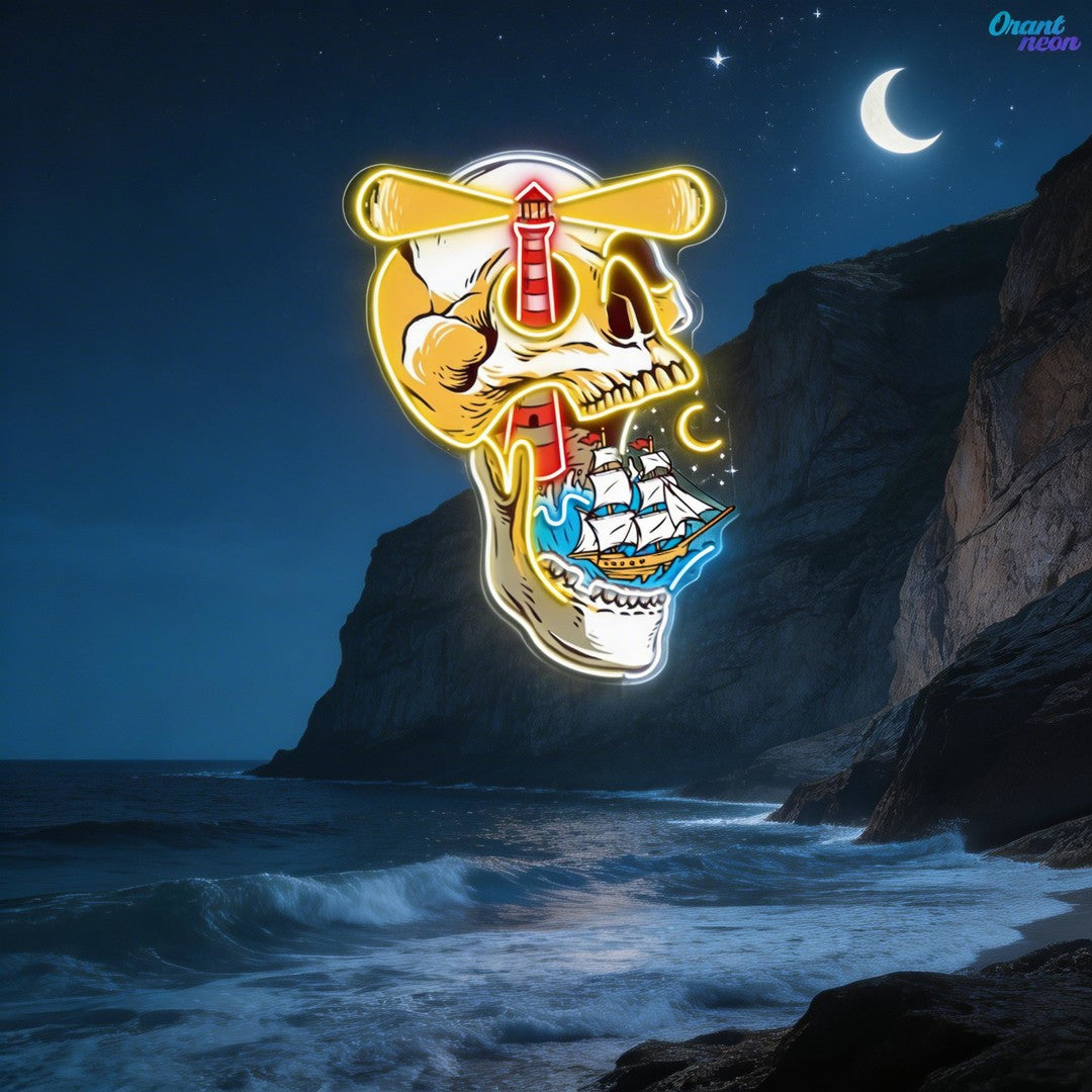 Ghost Ship's Beacon: Skull, Lighthouse & Ship Neon Sign Light Artwork