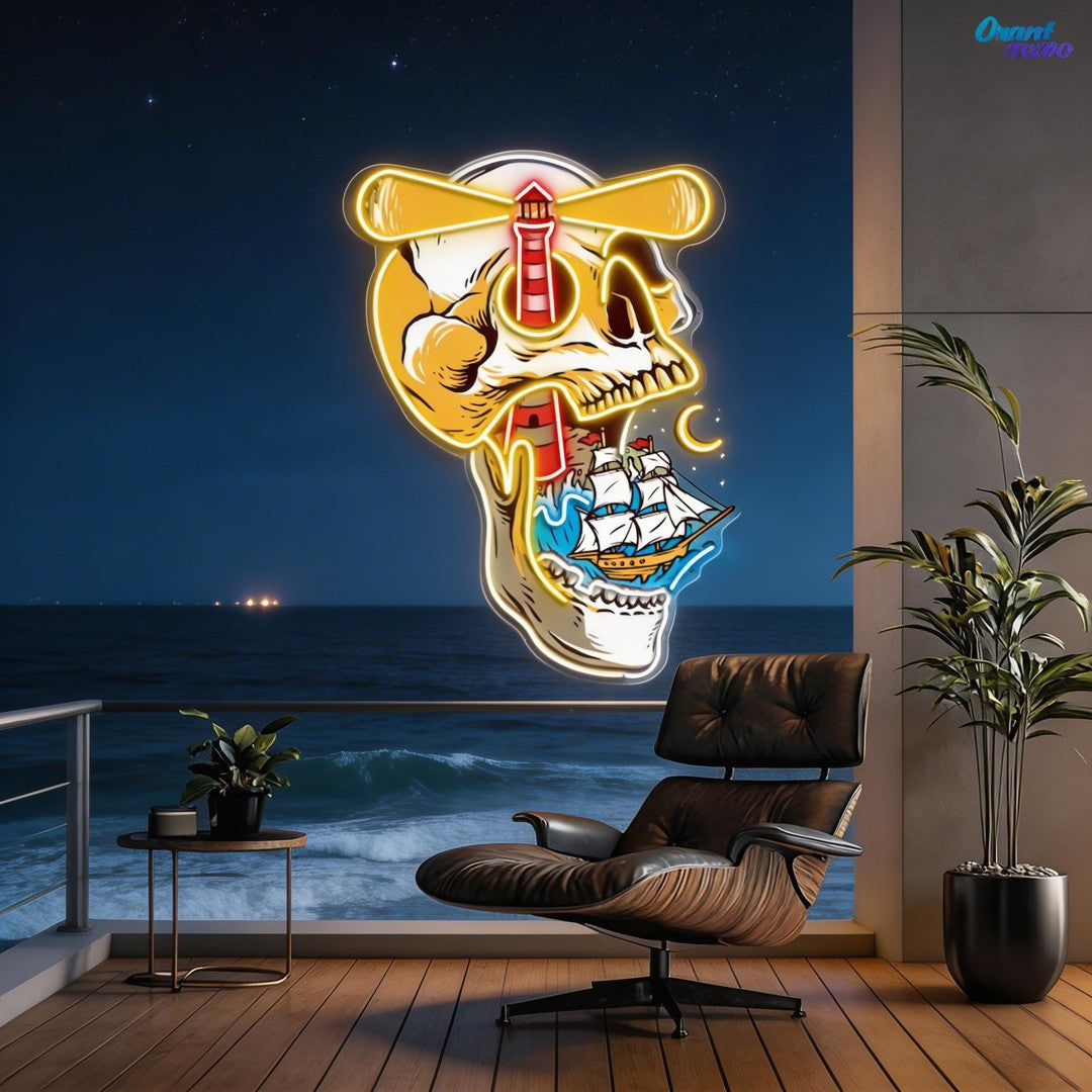 Ghost Ship's Beacon: Skull, Lighthouse & Ship Neon Sign Light Artwork