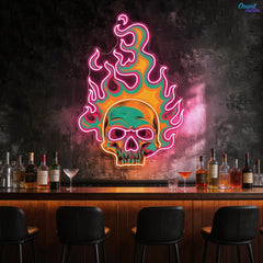 Colorful Fire Burning Skull Neon Sign Light Artwork