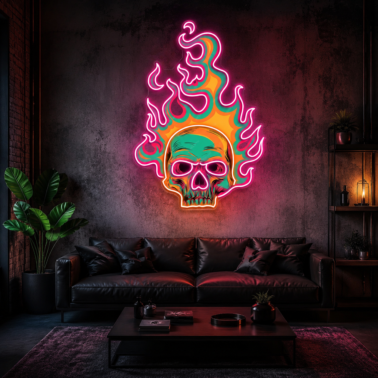 Colorful Fire Burning Skull Neon Sign Light Artwork