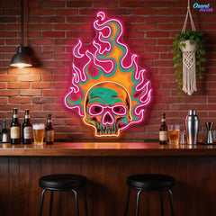 Colorful Fire Burning Skull Neon Sign Light Artwork