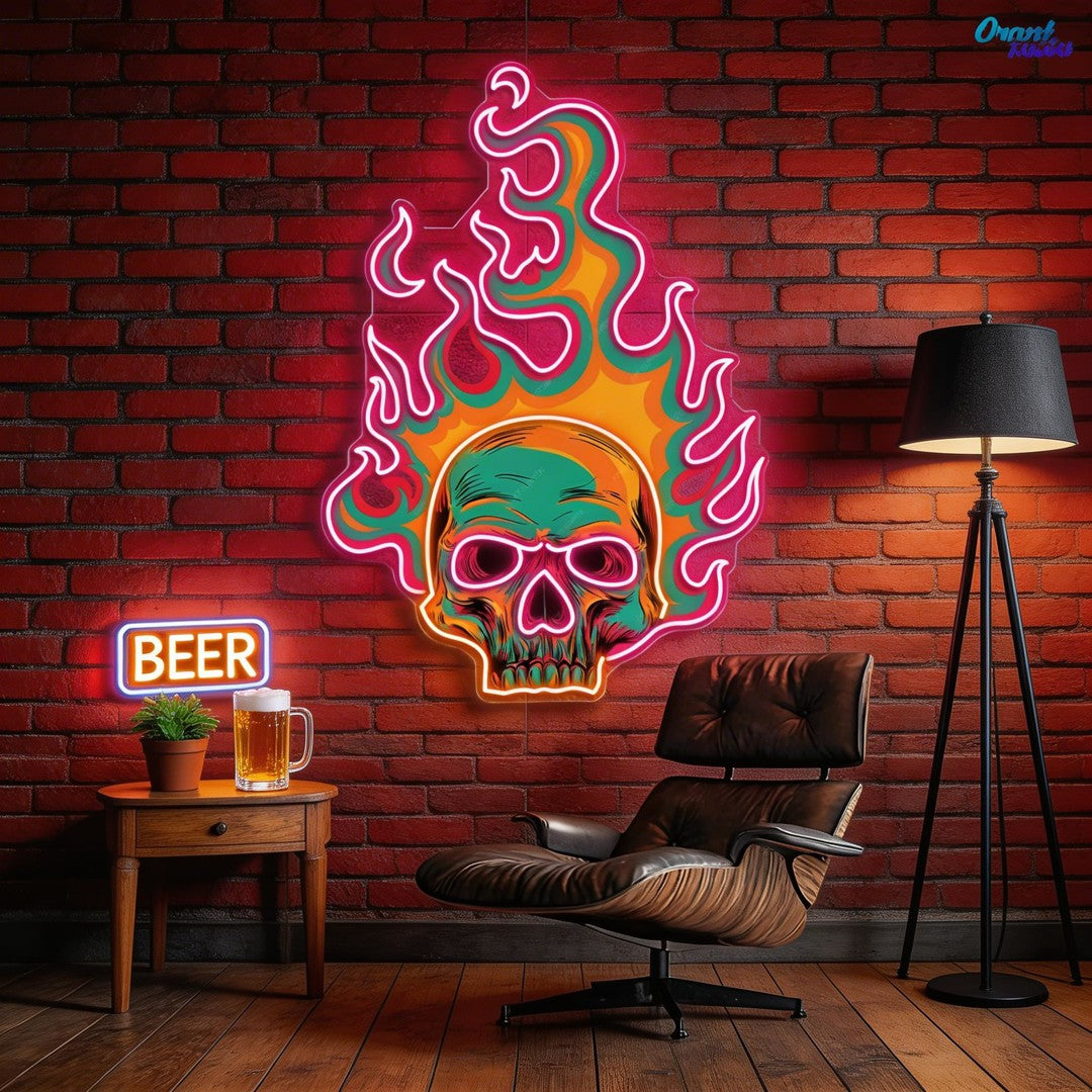 Colorful Fire Burning Skull Neon Sign Light Artwork