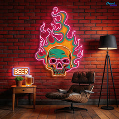 Colorful Fire Burning Skull Neon Sign Light Artwork