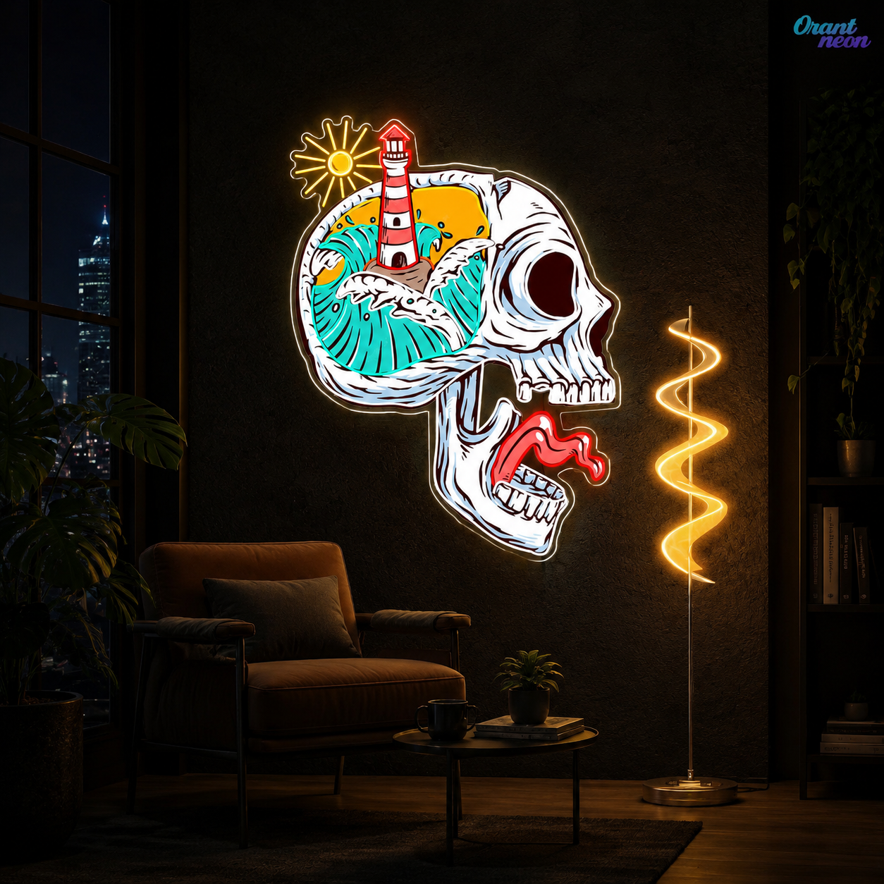 Beacon of the Damned: Skull & Lighthouse Neon Sign Light Artwork