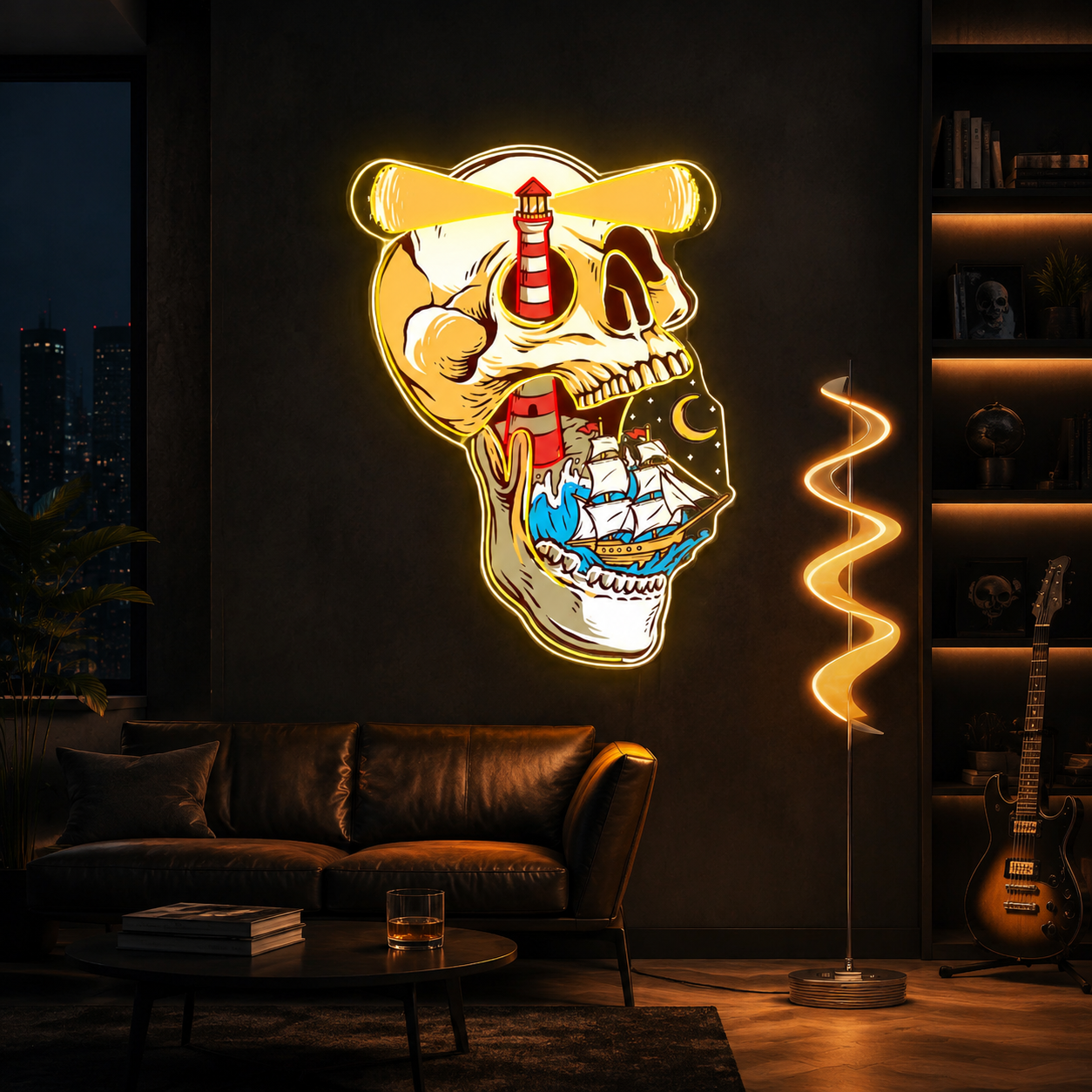Ghost Ship's Beacon: Skull, Lighthouse & Ship Neon Sign Light Artwork