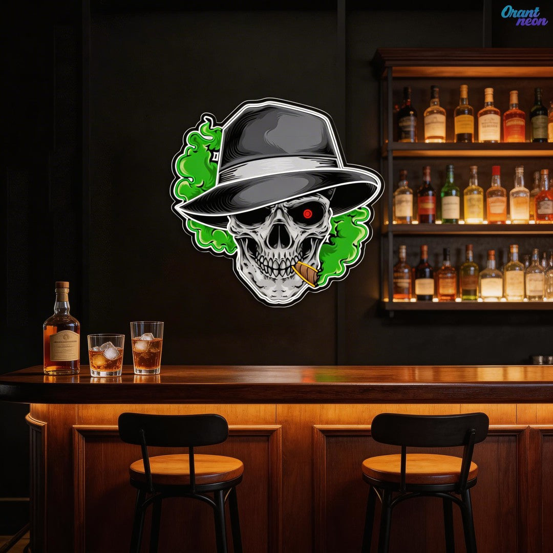 Skull, Hat & Smoke in the Neon Glow Neon Sign Light Artwork