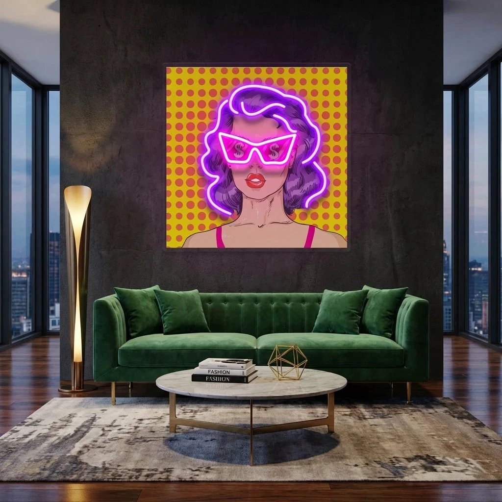 Woman In Pink Sunglasses With Dollar In Retro Pop Art Led Neon Sign Light