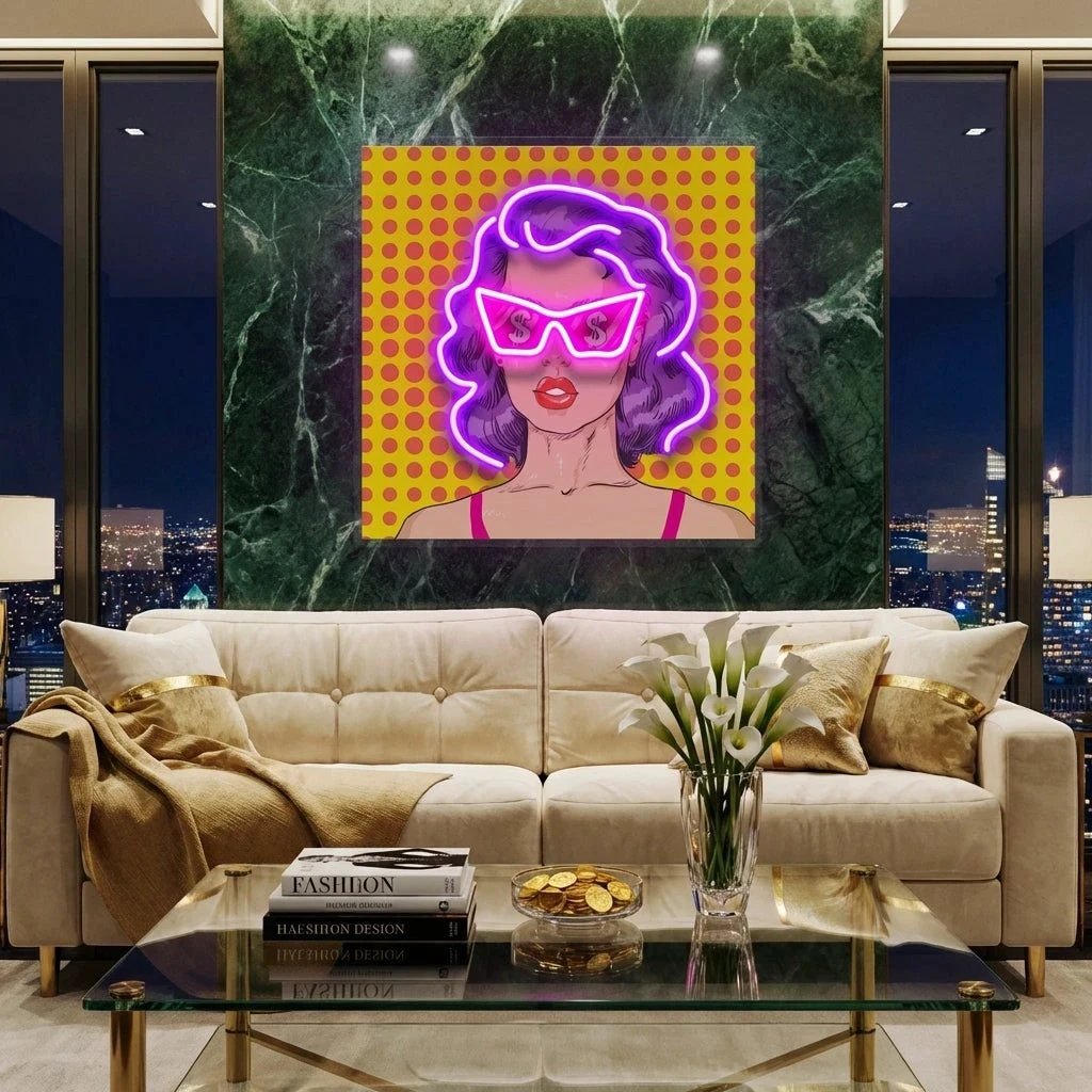 Woman In Pink Sunglasses With Dollar In Retro Pop Art Led Neon Sign Light