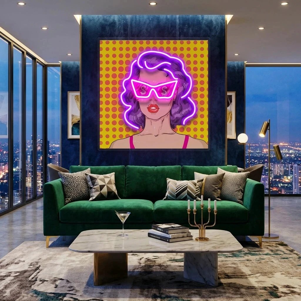 Woman In Pink Sunglasses With Dollar In Retro Pop Art Led Neon Sign Light
