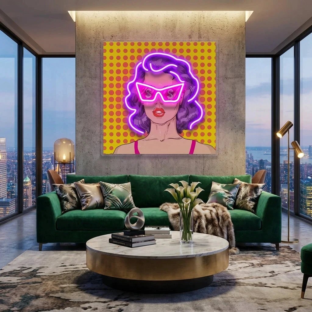 Woman In Pink Sunglasses With Dollar In Retro Pop Art Led Neon Sign Light