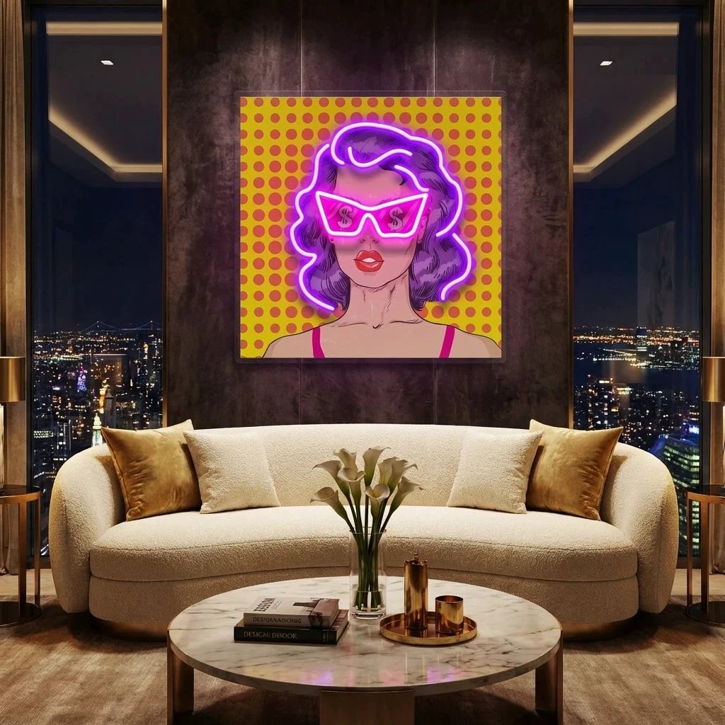 Woman In Pink Sunglasses With Dollar In Retro Pop Art Led Neon Sign Light