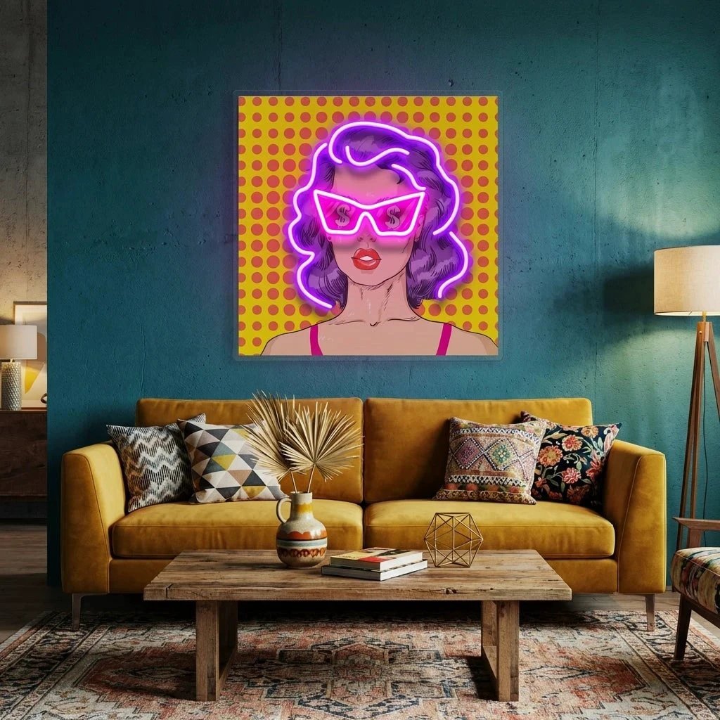 Woman In Pink Sunglasses With Dollar In Retro Pop Art Led Neon Sign Light