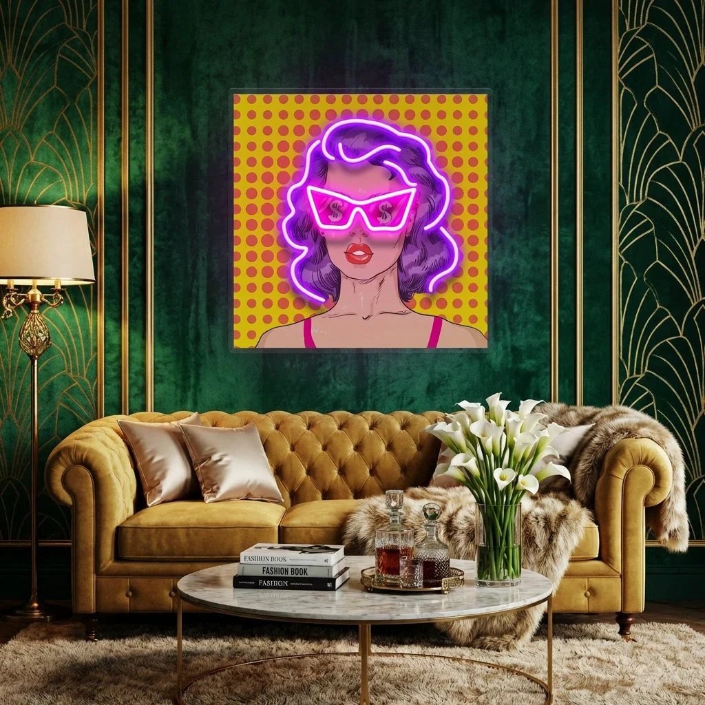 Woman In Pink Sunglasses With Dollar In Retro Pop Art Led Neon Sign Light