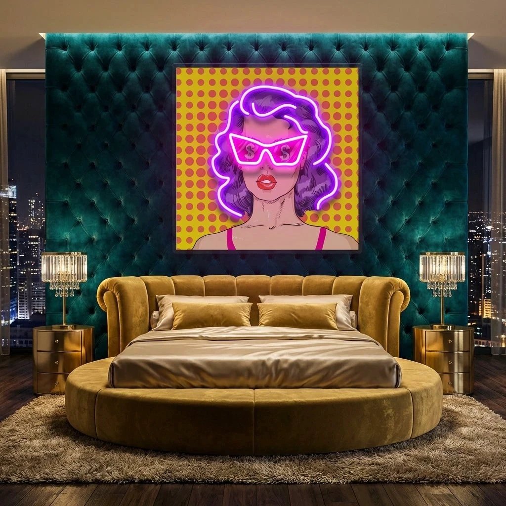 Woman In Pink Sunglasses With Dollar In Retro Pop Art Led Neon Sign Light