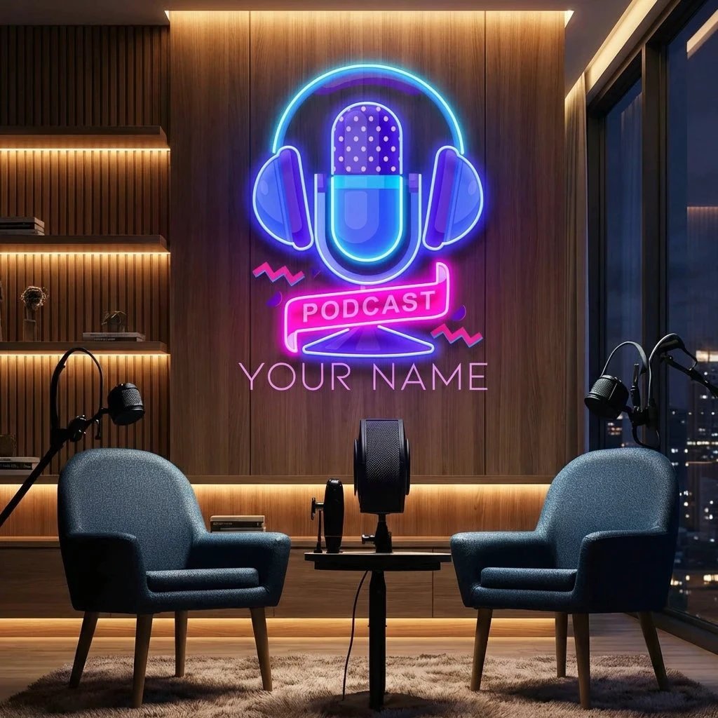 Custom Podcast LED Neon Sign artwork with Microphone and Headphones