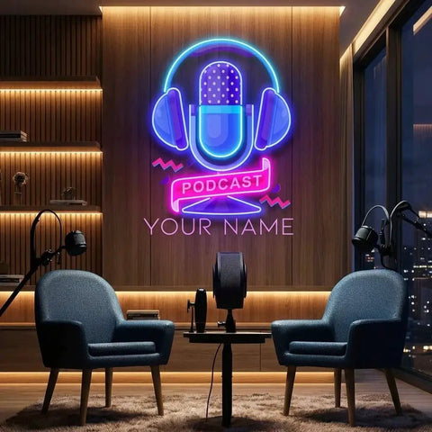 Custom Podcast LED Neon Sign artwork with Microphone and Headphones
