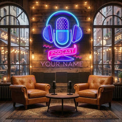 Custom Podcast LED Neon Sign artwork with Microphone and Headphones