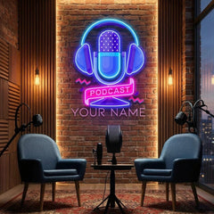 Custom Podcast LED Neon Sign artwork with Microphone and Headphones