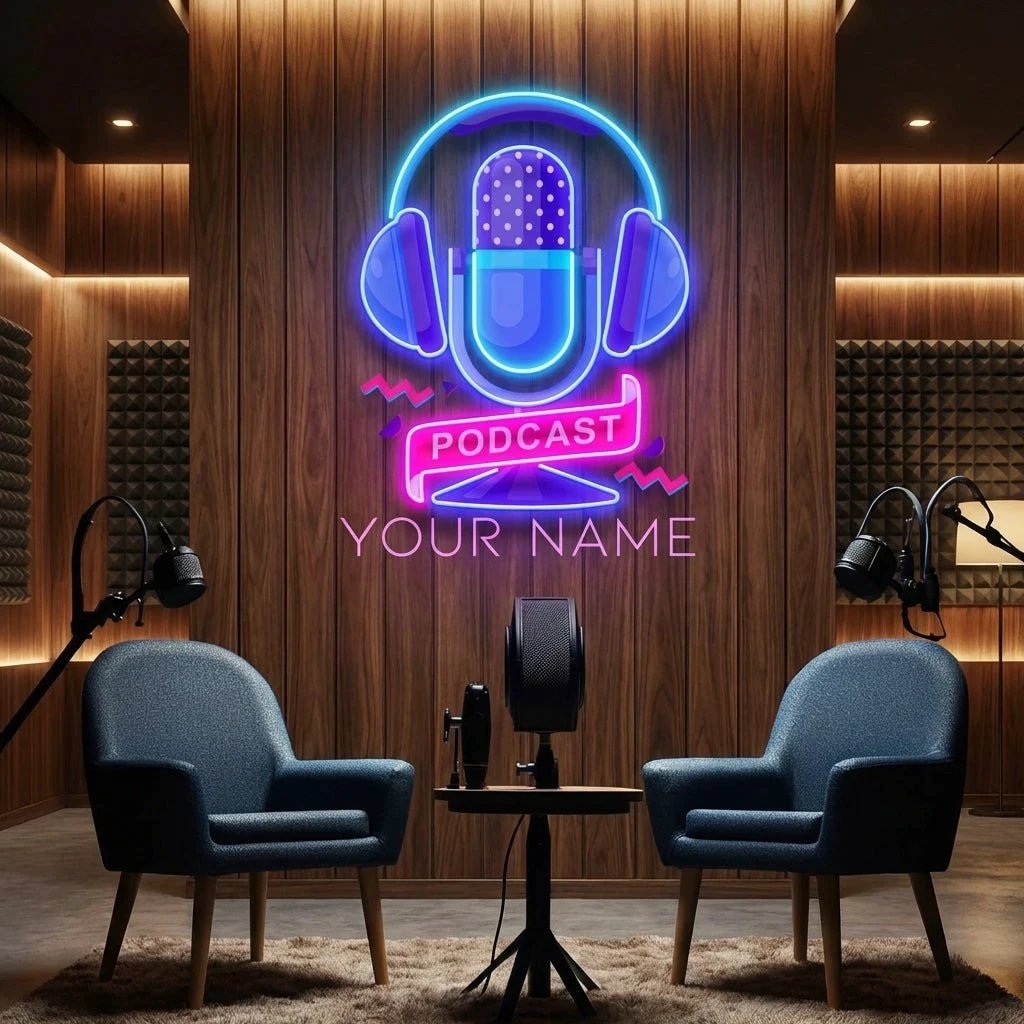 Custom Podcast LED Neon Sign artwork with Microphone and Headphones