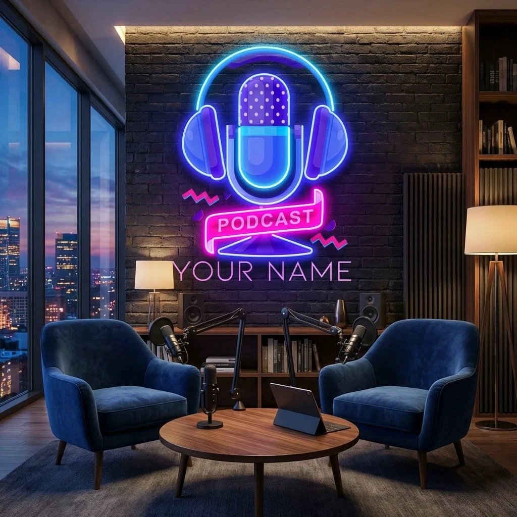 Custom Podcast LED Neon Sign artwork with Microphone and Headphones