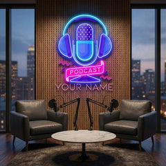 Custom Podcast LED Neon Sign artwork with Microphone and Headphones