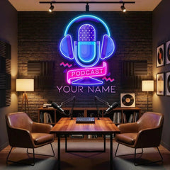 Custom Podcast LED Neon Sign artwork with Microphone and Headphones