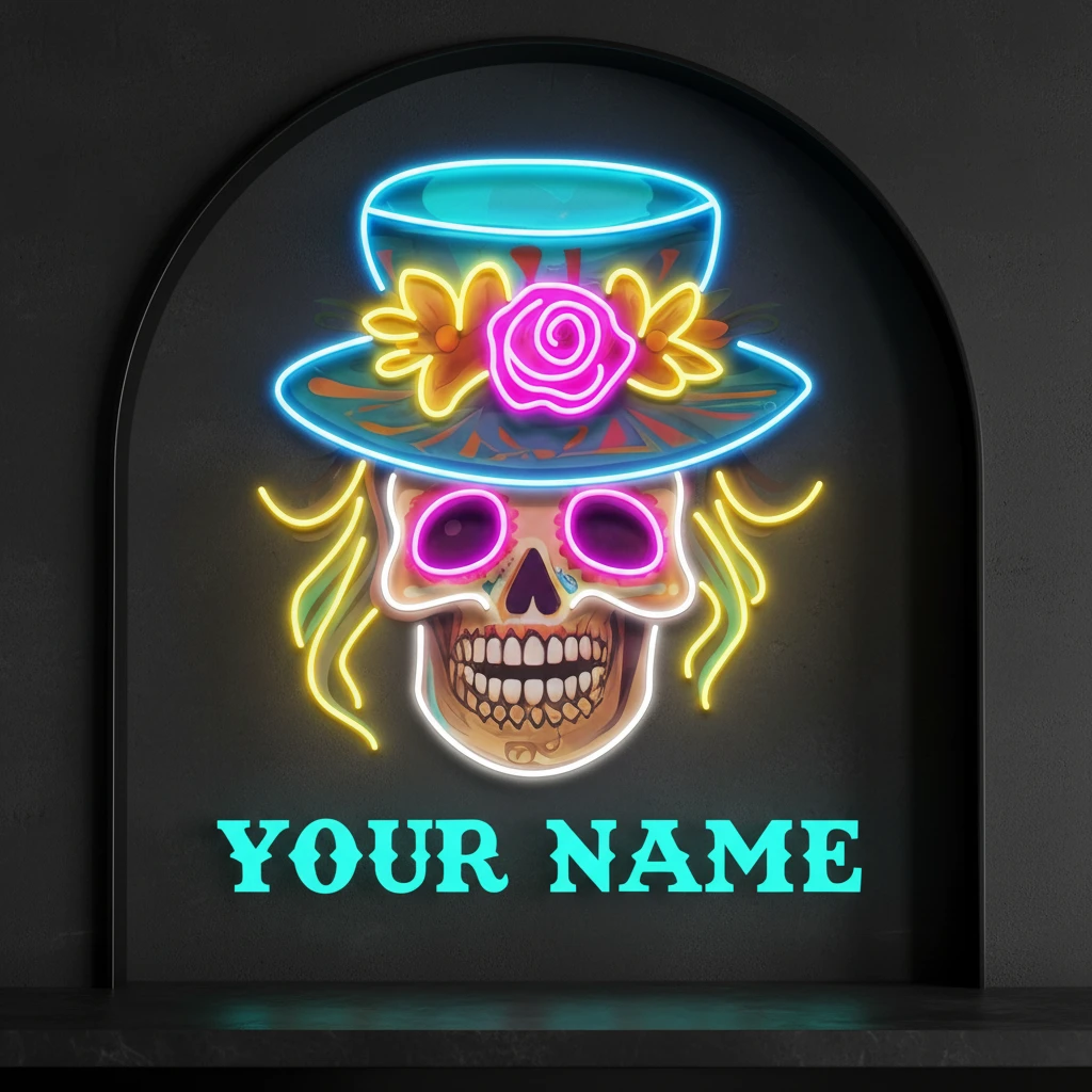 Custom Name Dead Day Party Sugar Skull Or Halloween Decor Artwork Led Neon Sign Light