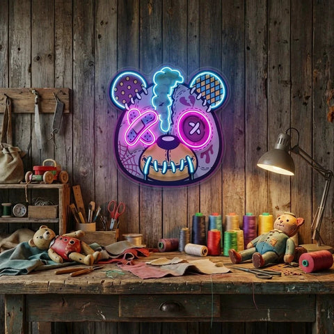 Zombie Teddy Bear Cartoon Artwork Led Neon Sign Light