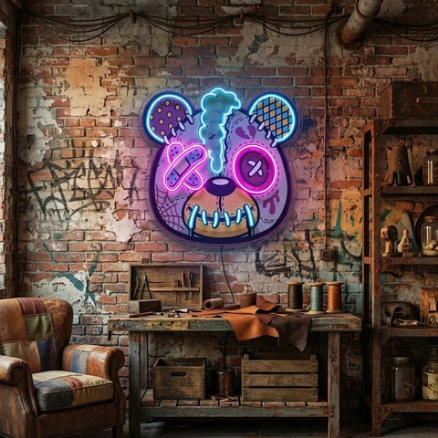 Zombie Teddy Bear Cartoon Artwork Led Neon Sign Light