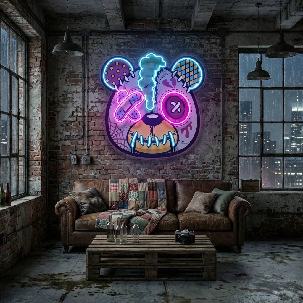 Zombie Teddy Bear Cartoon Artwork Led Neon Sign Light